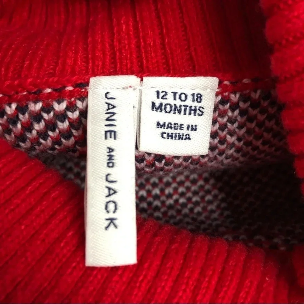 Janie and Jack fair isle sweater red and white reindeer‎ mock neck 12-18 months